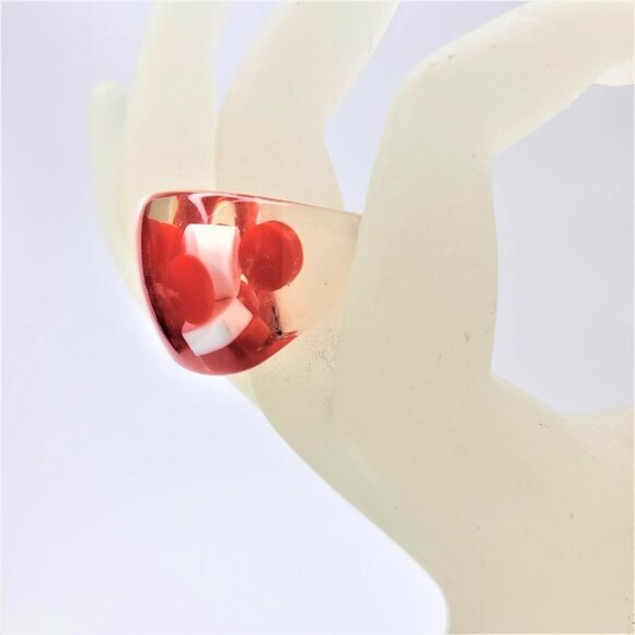 Chunky Square Resin Lucite Ring With Red And White Pill Beads See Through Ring - Picture 4 of 10